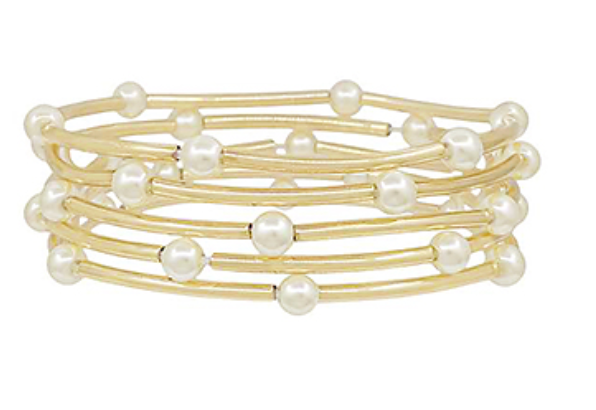 5 Row Curved Bar & Pearl Bracelet Set