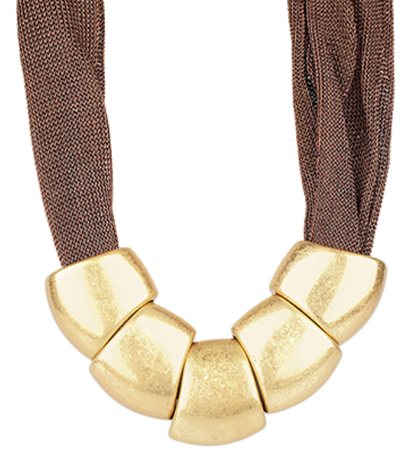 Brown Geometric Metal & Mesh Necklace
