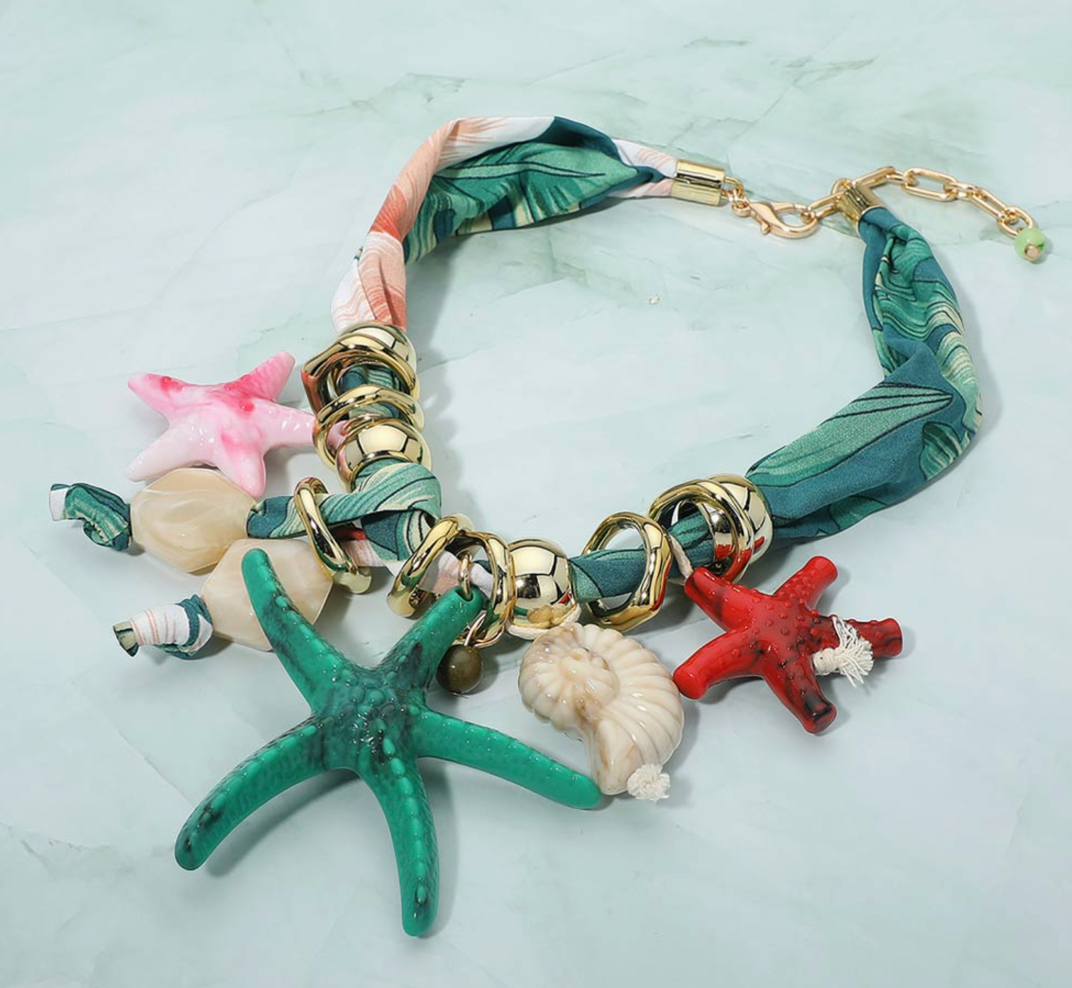 Coastal Charm Beaded Fabric Scarf Statement Necklace