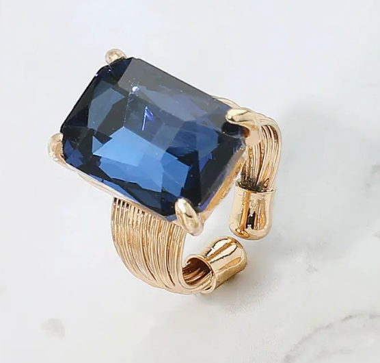 Emerald Cut Stone Adjustable Ring - Blue