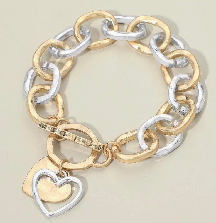 Hammered Layered Heart Charm Chunky Chain Toggle Bracelet