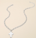 Hammered Metal Cross Pendant Paperclip Chain Necklace