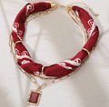 Burgundy Stone Pendant Accent Layered Fabric Scarf Necklace