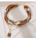Brown Stone Pendant Accent Layered Fabric Scarf Necklace