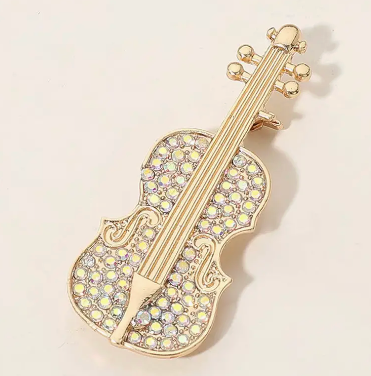Stone Embellished Violin Pin Brooch