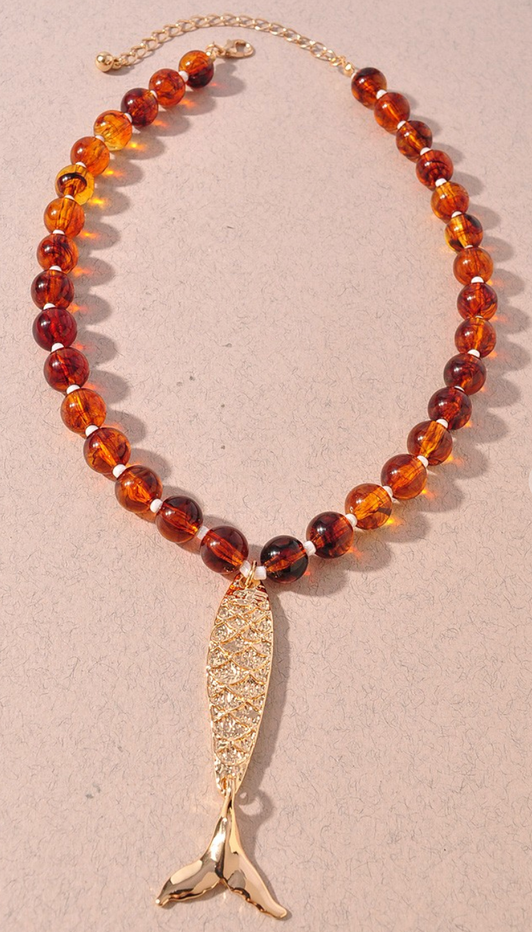 Beaded Resin Fish Charm Necklace