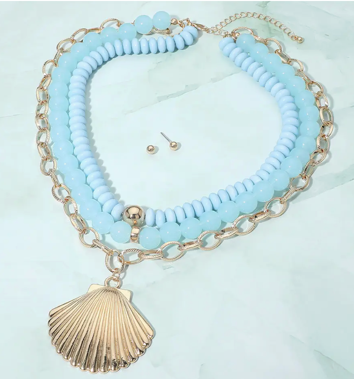 Blue Beaded Seashell Necklace