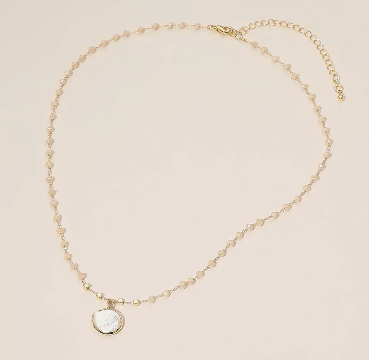 Pearl Coin Beaded Chain Necklace - Cream