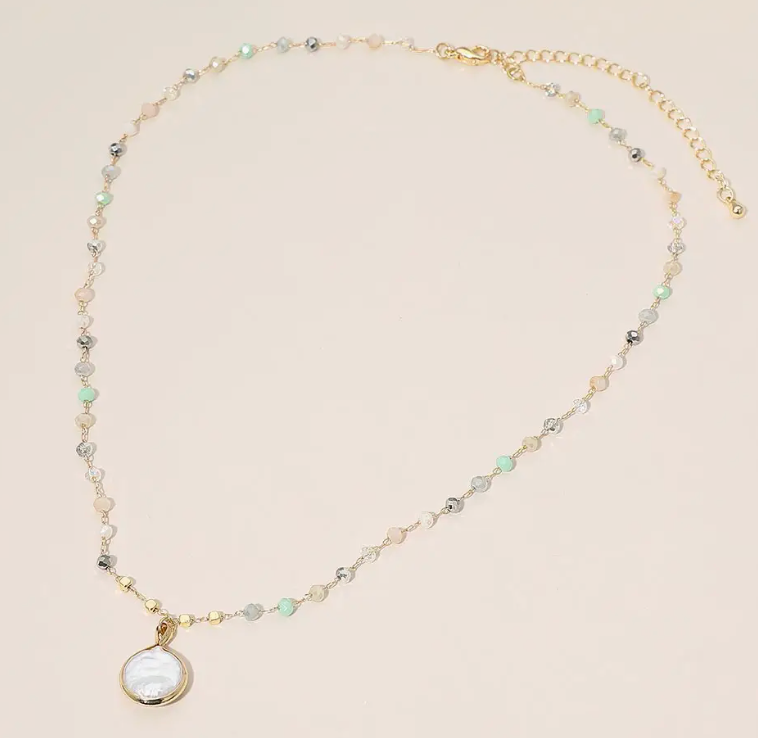 Pearl Coin Beaded Chain Necklace - Mint