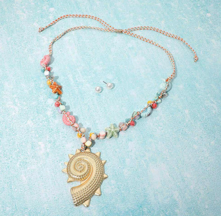 Spiral Shell Pendant Pull Tie Statement Necklace