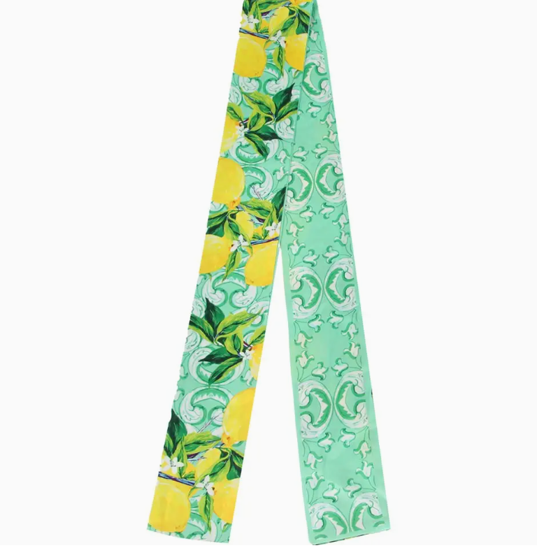 Lemon and Scroll Pattern Print Silk Scarf - Green