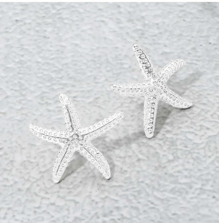 Silver Textured Metal Starfish Stud Earrings