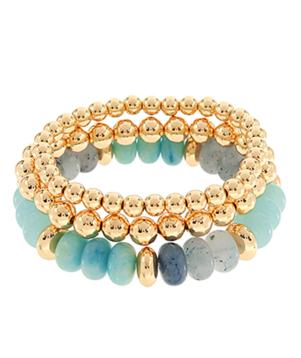 3 Row Marble + Gold Bead Bracelets Turquoise