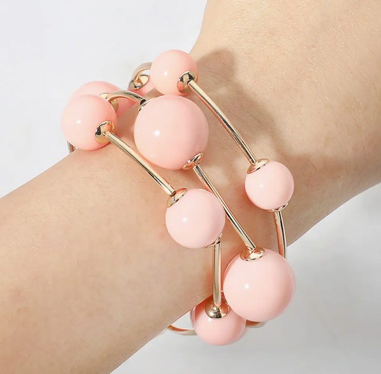 Peach/Gold Beaded Bracelet Set