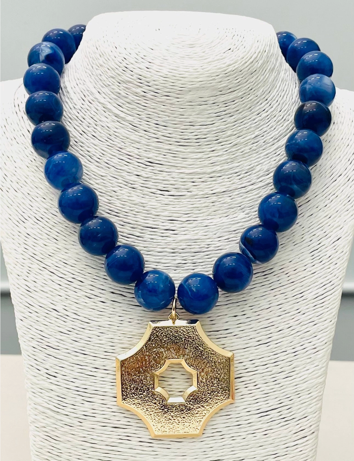 Navy Beaded Pendant Necklace