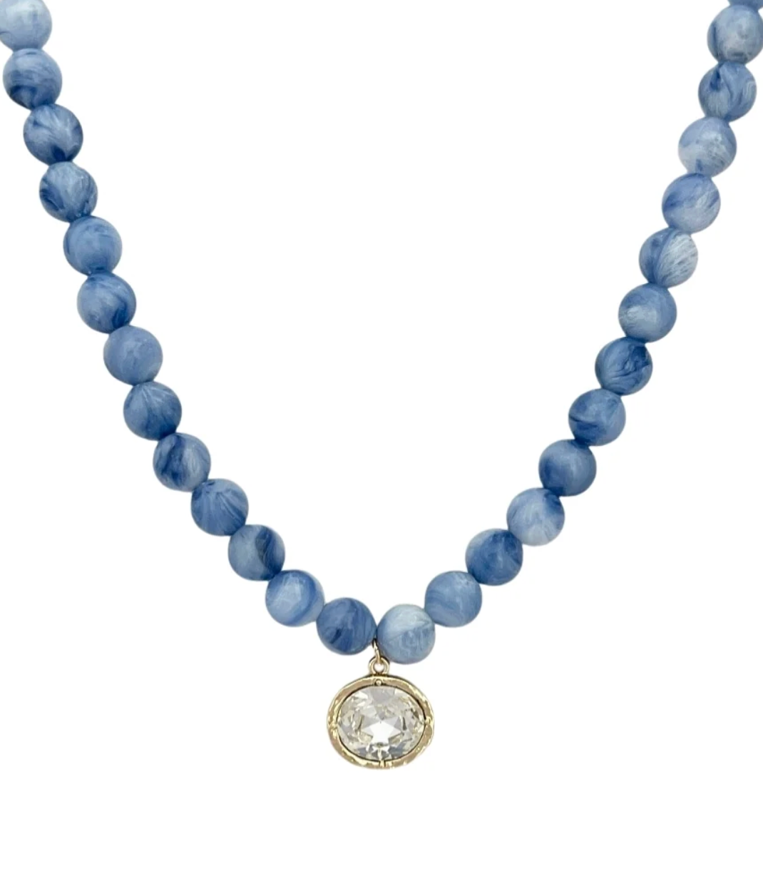 Blue Marble Bead & Oval Stone Pendant Necklace