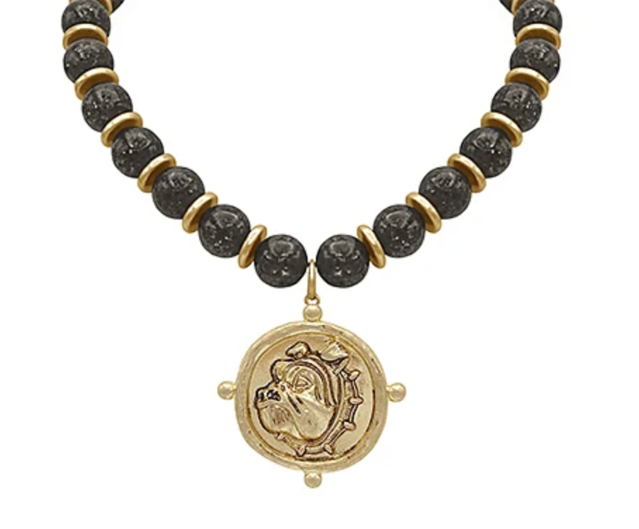 Black Bulldog Face & Bead Necklace