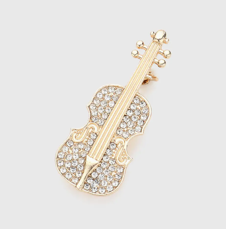 Stone Embellished Violin Pin Brooch