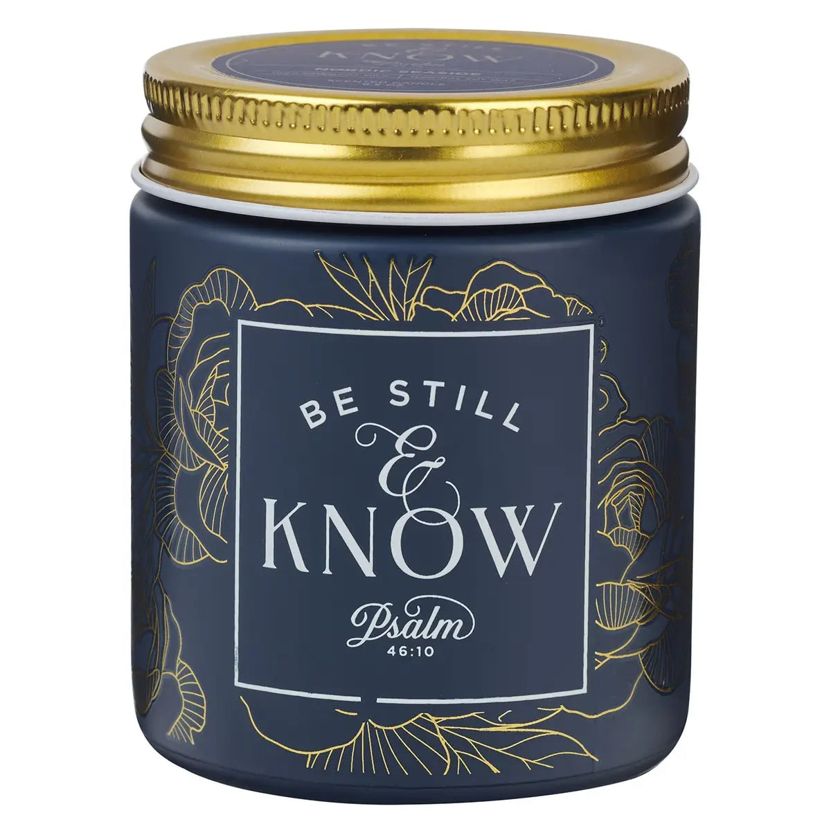 Glass Candle W/Screw Top Lid Navy Be Still Ps. 46:10