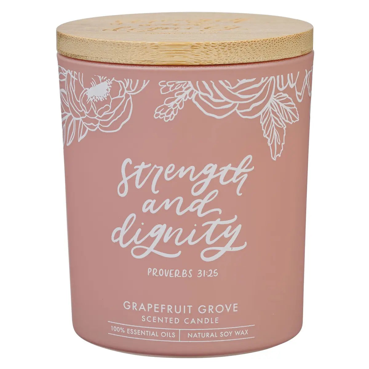 Glass Candle W/Bamboo Lid Pink Strength & Dignity Prov 31:25